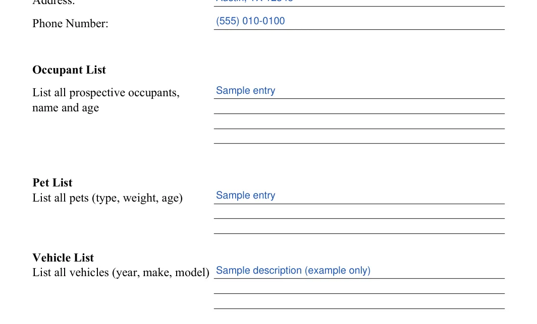 Rental Application: Phone Number, filled with sample entries