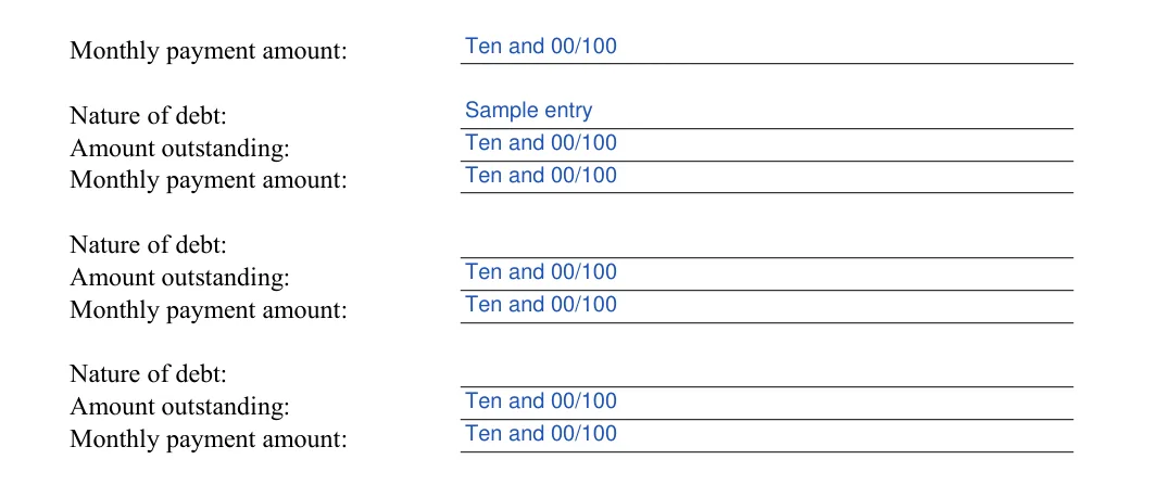 Rental Application: Monthly payment amount, filled with sample entries