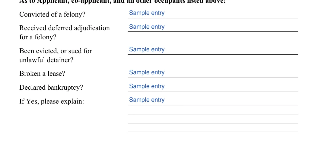 Rental Application: If Yes, please explain, filled with sample entries