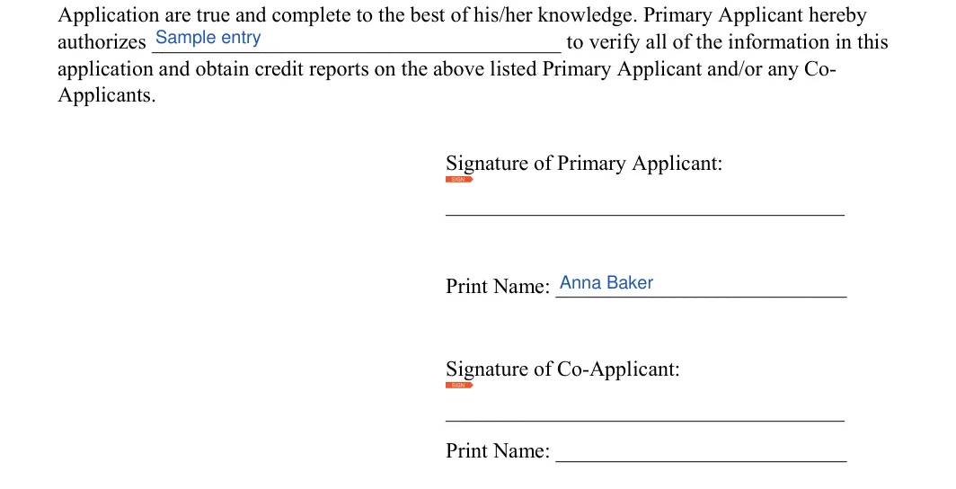 Rental Application: Signature of Primary Applicant, filled with sample entries