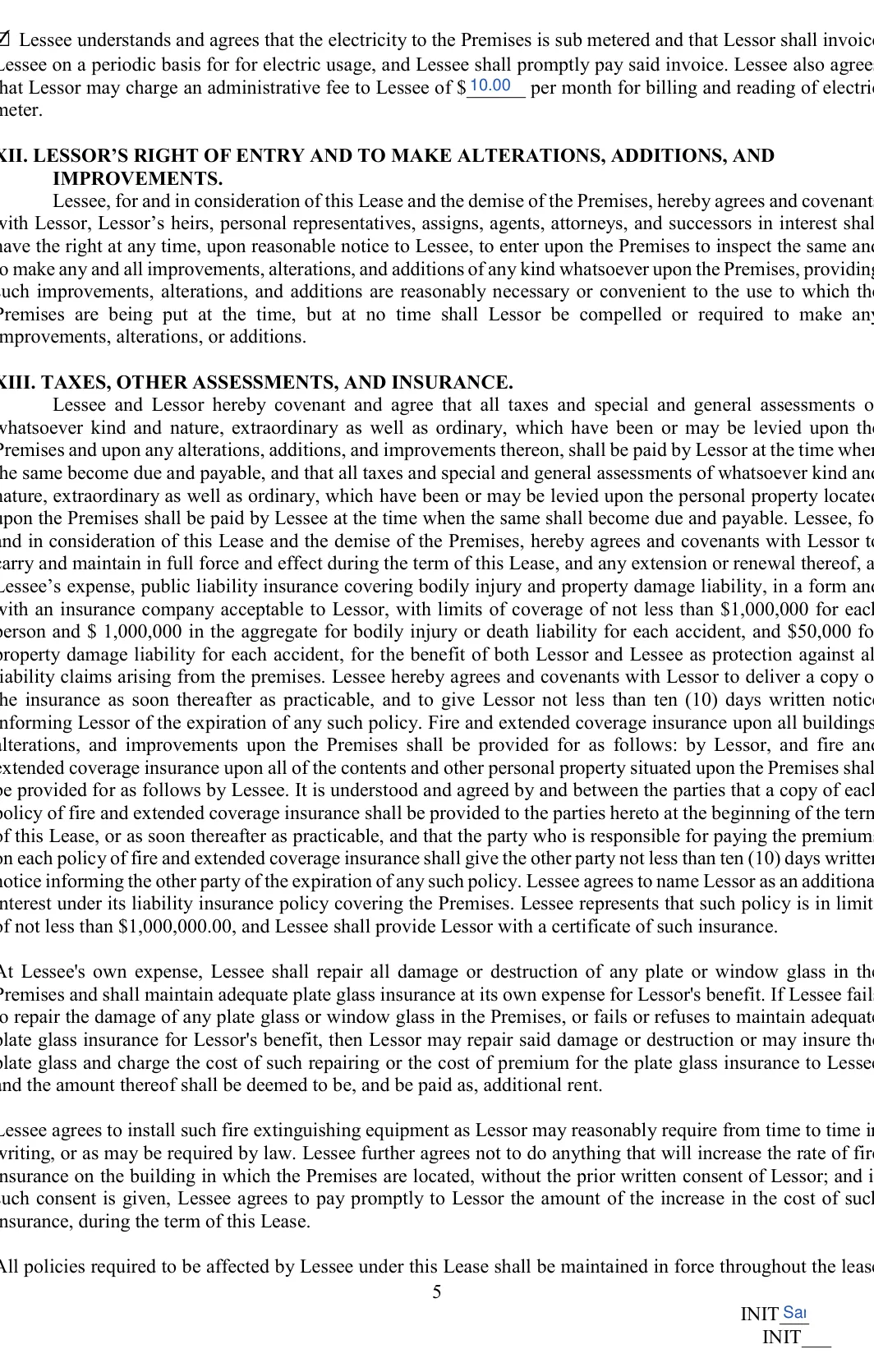 Commercial Lease Agreement: INIT___, filled with sample entries