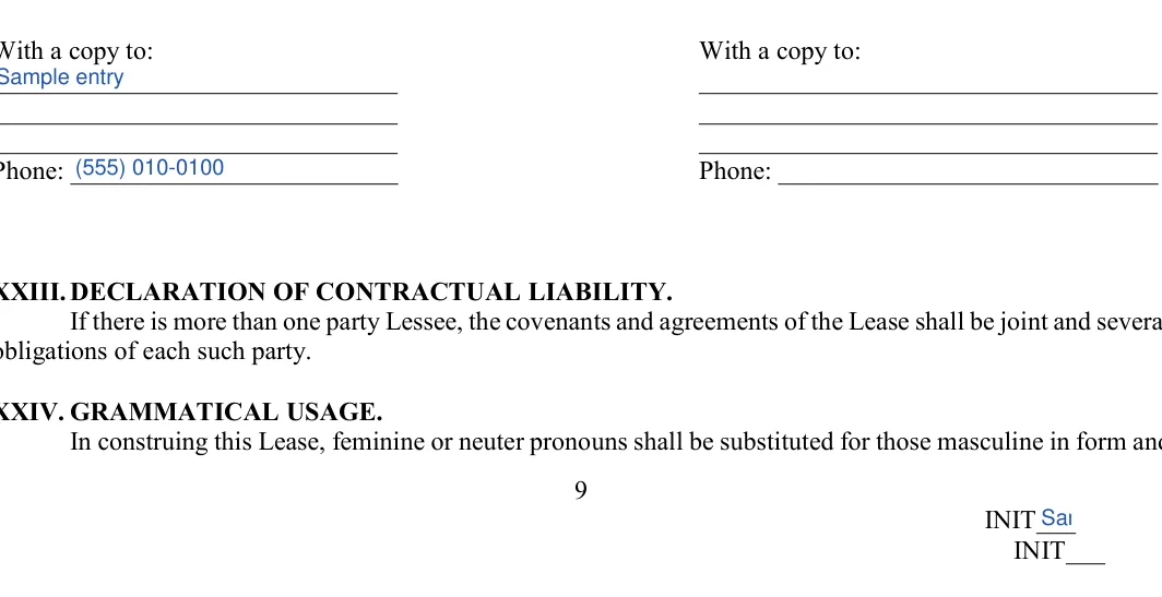 Commercial Lease Agreement: With a copy to, filled with sample entries