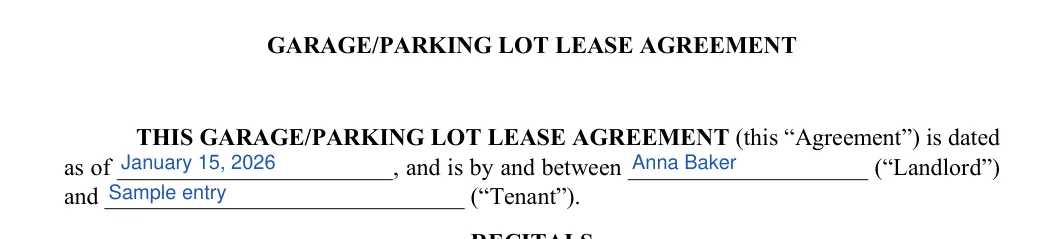 Garage Rental Agreement: GARAGE/PARKING LOT LEASE AGREEMENT, filled with sample entries