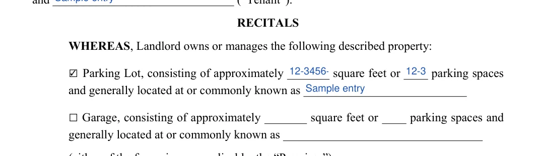 Garage Rental Agreement: RECITALS, filled with sample entries