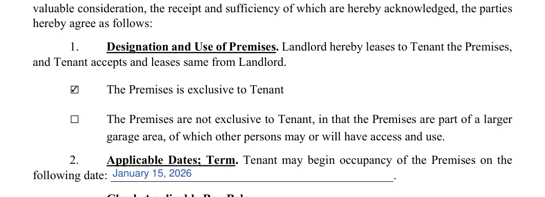Garage Rental Agreement: hereby agree as follows, filled with sample entries