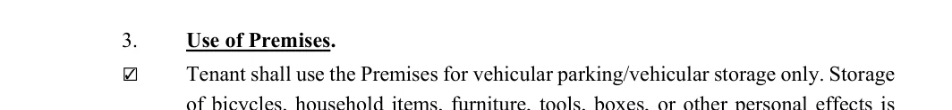 Garage Rental Agreement: Initial, filled with sample entries