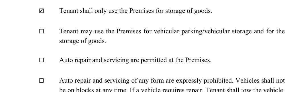 Garage Rental Agreement: Initial, filled with sample entries