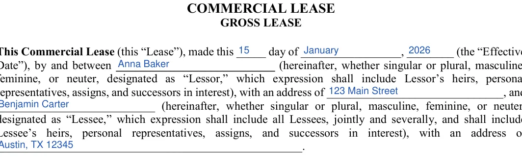 Office Space Lease Agreement: GROSS LEASE, filled with sample entries