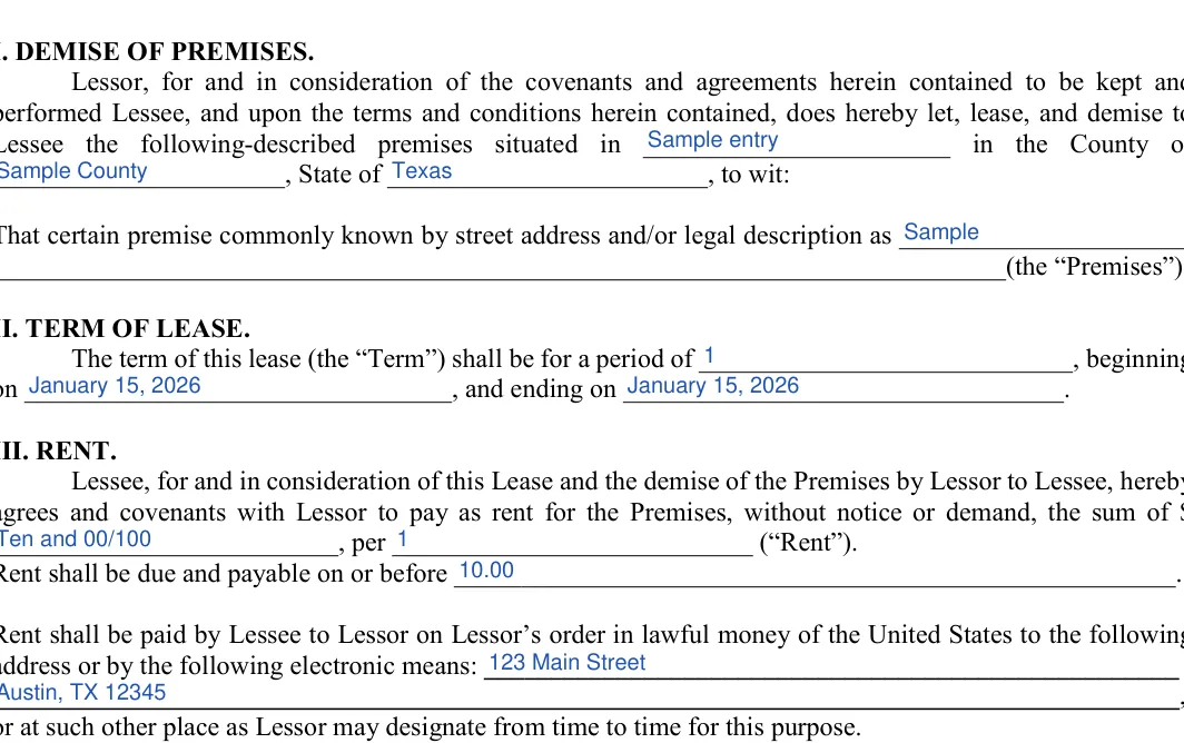 Office Space Lease Agreement: I. DEMISE OF PREMISES, filled with sample entries