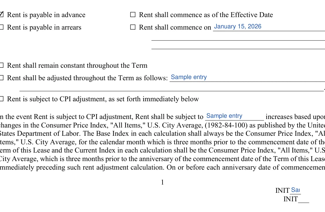 Office Space Lease Agreement: INIT___, filled with sample entries
