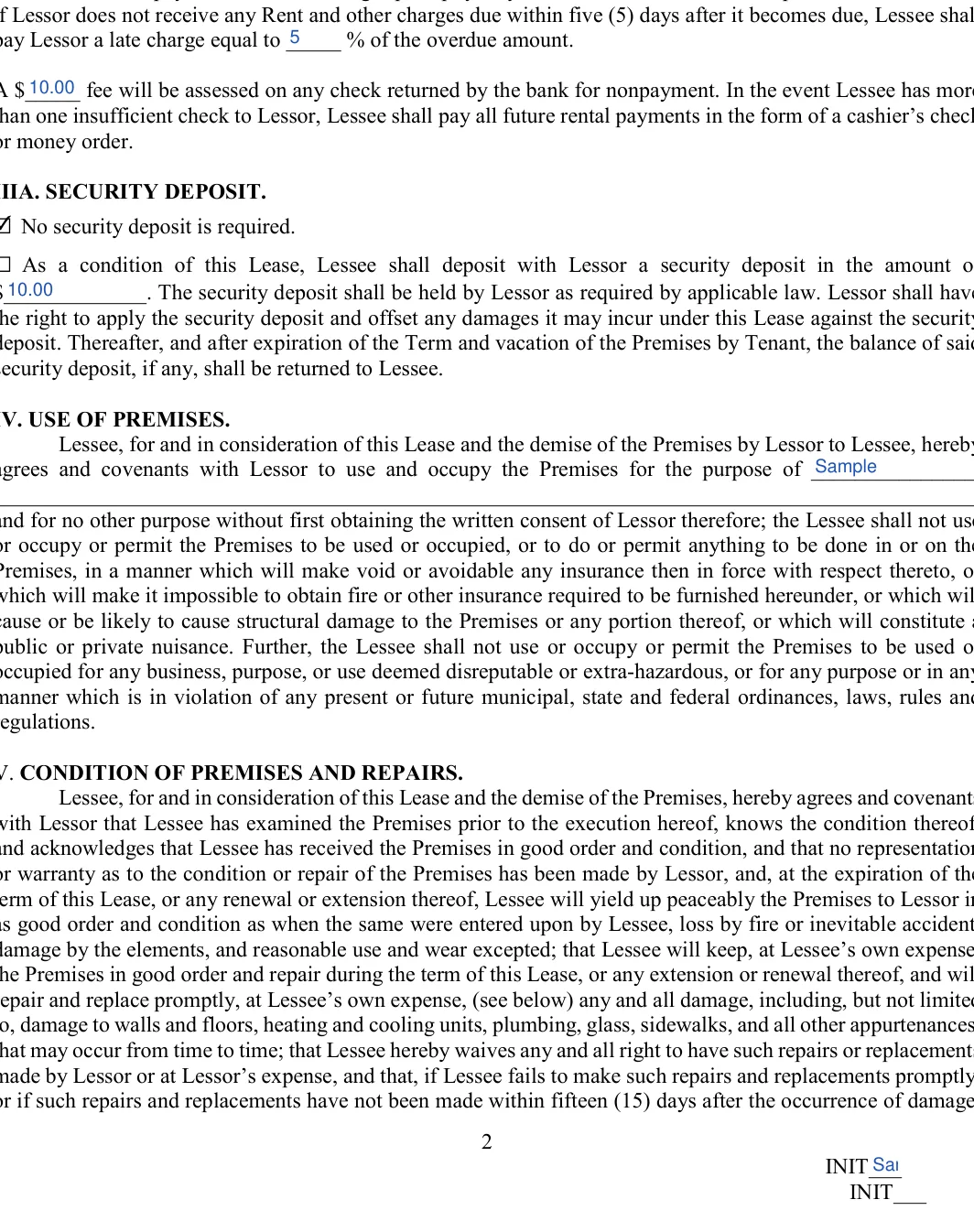 Office Space Lease Agreement: IIIA. SECURITY DEPOSIT, filled with sample entries