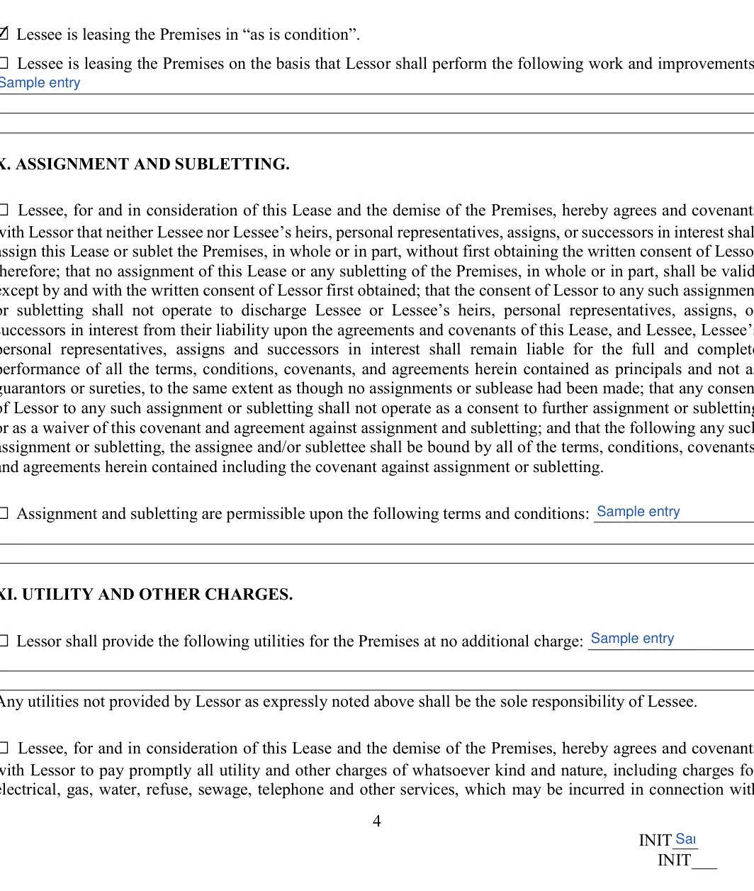 Office Space Lease Agreement: X. ASSIGNMENT AND SUBLETTING, filled with sample entries