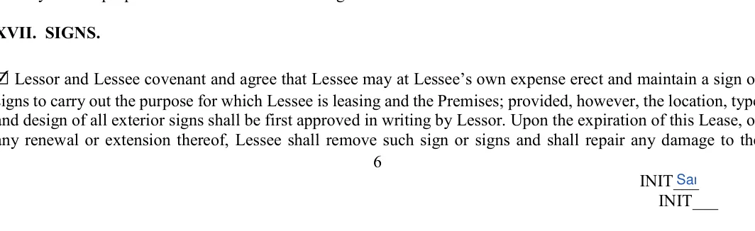 Office Space Lease Agreement: XVII. SIGNS, filled with sample entries