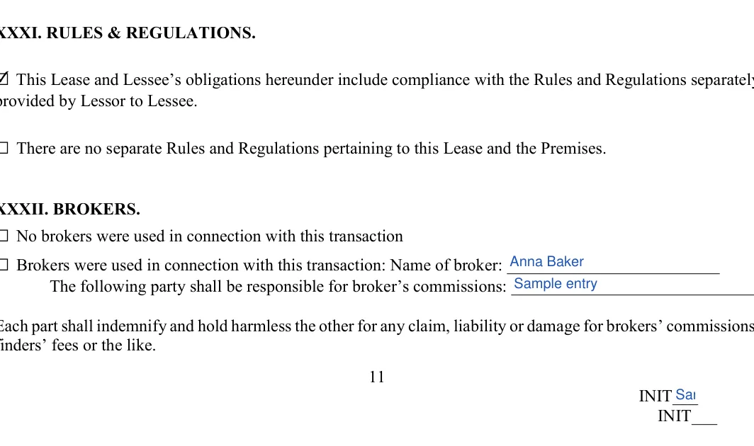Office Space Lease Agreement: XXXI. RULES & REGULATIONS, filled with sample entries