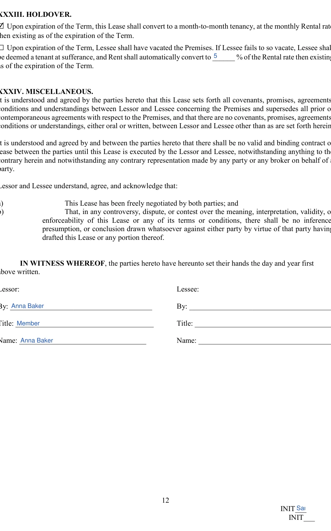 Office Space Lease Agreement: XXXIII. HOLDOVER, filled with sample entries