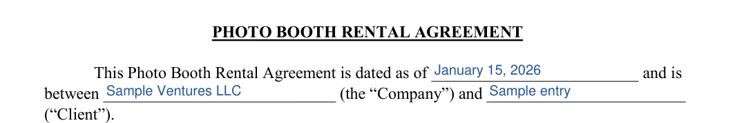 Photo Booth Contract: PHOTO BOOTH RENTAL AGREEMENT, filled with sample entries