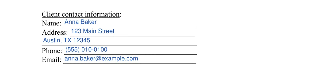 Photo Booth Contract: Client contact information, filled with sample entries