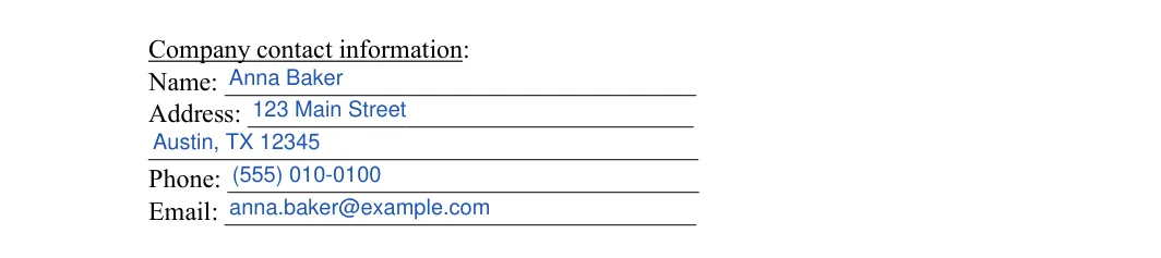 Photo Booth Contract: Company contact information, filled with sample entries