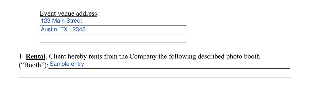 Photo Booth Contract: Event venue address, filled with sample entries
