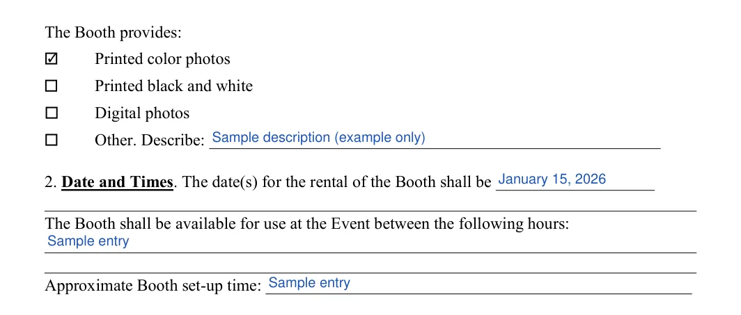 Photo Booth Contract: The Booth provides, filled with sample entries