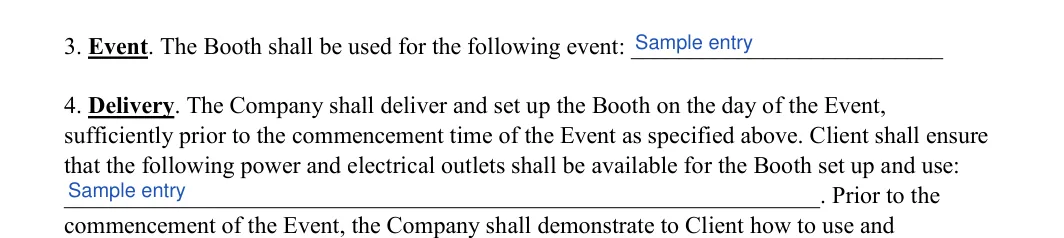 Photo Booth Contract: Event, filled with sample entries
