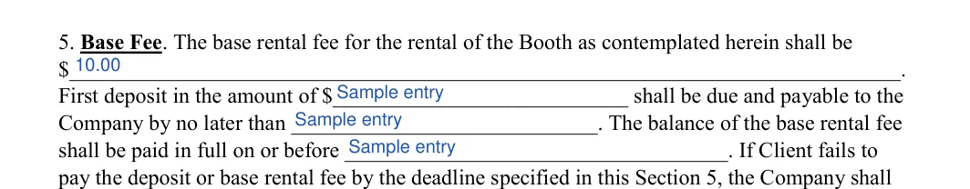Photo Booth Contract: Base rental fee, First deposit and more, filled with sample entries