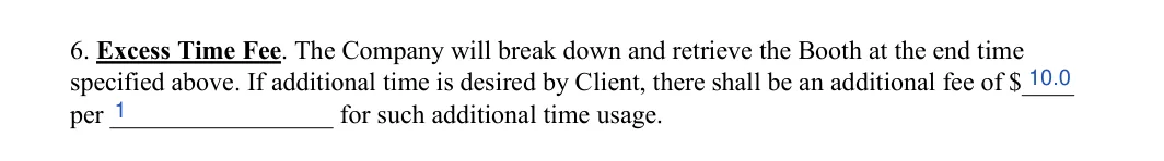 Photo Booth Contract: Additional fee, Per (period), filled with sample entries