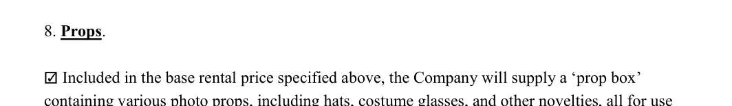 Photo Booth Contract: 8. Props, filled with sample entries