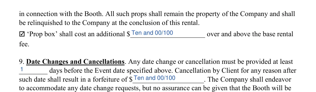 Photo Booth Contract: Sum, Initial and more, filled with sample entries