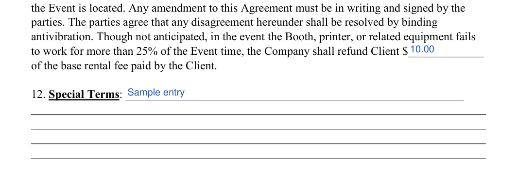 Photo Booth Contract: Refund amount, Special terms, filled with sample entries