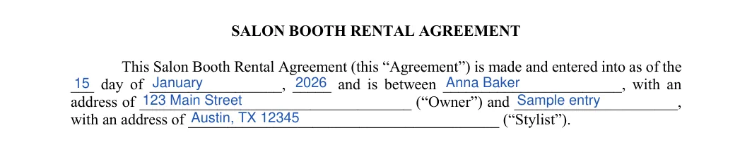 Salon Booth Rental Agreement: SALON BOOTH RENTAL AGREEMENT, filled with sample entries