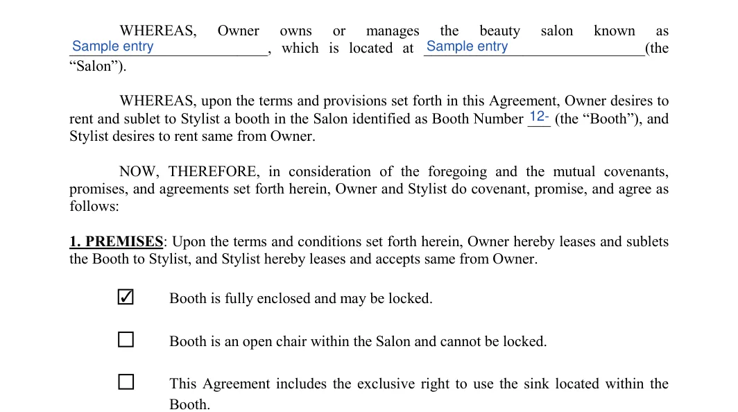 Salon Booth Rental Agreement: WHEREAS,, filled with sample entries
