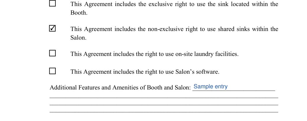 Salon Booth Rental Agreement: Initial, Additional features and amenities of booth and salon, filled with sample entries