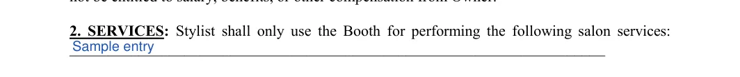 Salon Booth Rental Agreement: Salon services, filled with sample entries