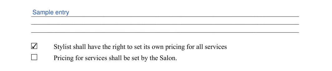 Salon Booth Rental Agreement: Salon services, Initial, filled with sample entries