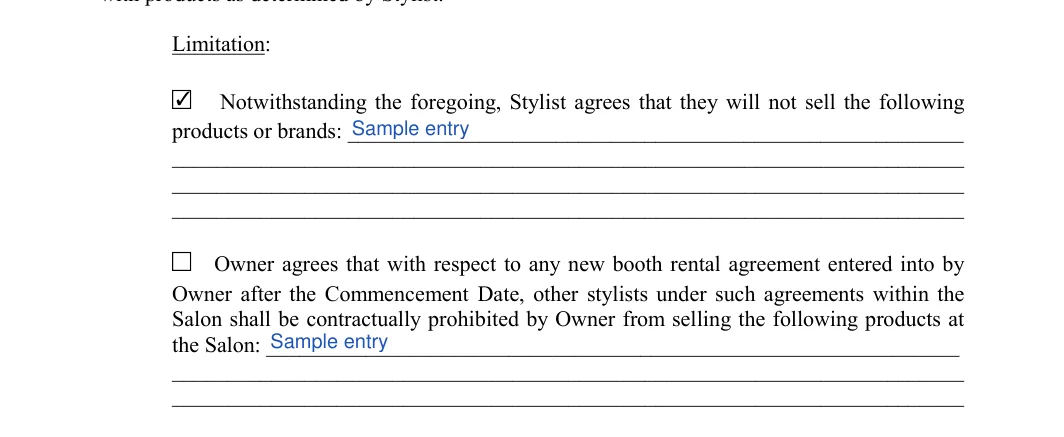 Salon Booth Rental Agreement: Limitation, filled with sample entries
