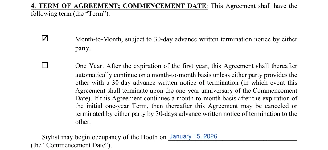 Salon Booth Rental Agreement: following term (the “Term”), filled with sample entries