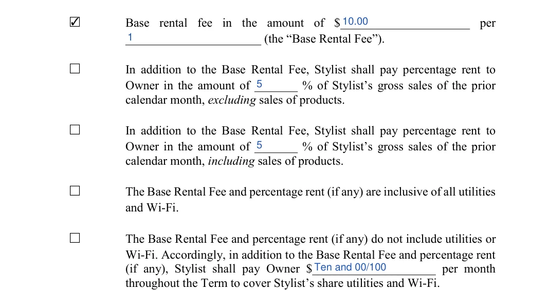 Salon Booth Rental Agreement: Initial, Base rental fee and more, filled with sample entries