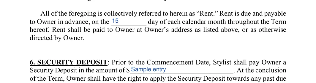 Salon Booth Rental Agreement: Day, filled with sample entries