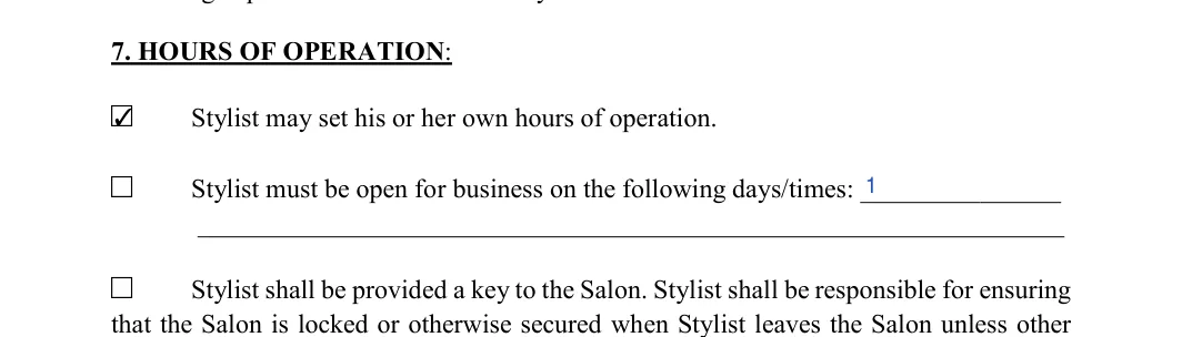 Salon Booth Rental Agreement: 7. HOURS OF OPERATION, filled with sample entries