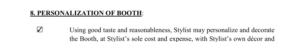 Salon Booth Rental Agreement: 8. PERSONALIZATION OF BOOTH, filled with sample entries