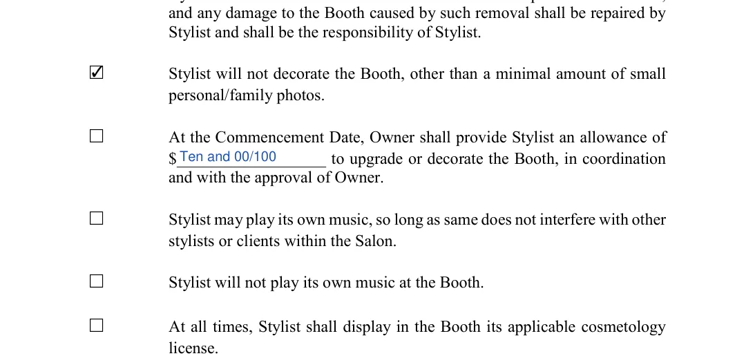 Salon Booth Rental Agreement: Initial, Sum, filled with sample entries