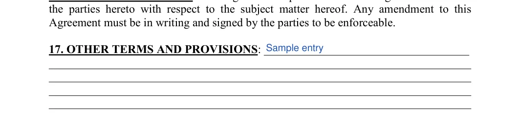 Salon Booth Rental Agreement: Other terms and provisions, filled with sample entries