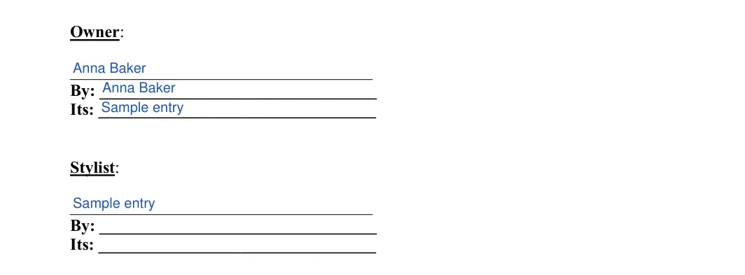 Salon Booth Rental Agreement: Owner, filled with sample entries