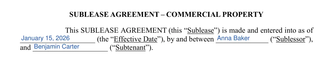 Commercial Sublease Agreement: SUBLEASE AGREEMENT – COMMERCIAL PROPERTY, filled with sample entries