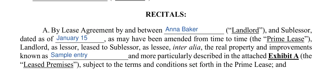 Commercial Sublease Agreement: RECITALS, filled with sample entries