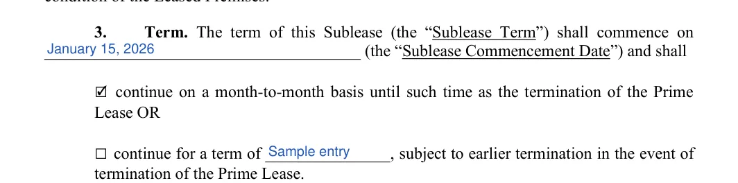 Commercial Sublease Agreement: Sublease commencement date, Initial and more, filled with sample entries