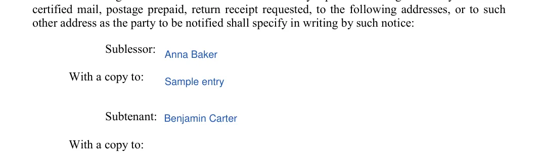 Commercial Sublease Agreement: Sublessor, Copy to and more, filled with sample entries