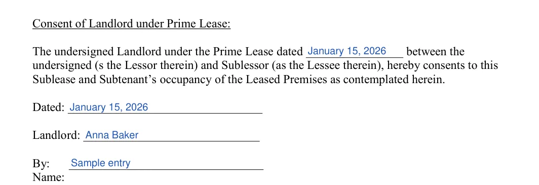 Commercial Sublease Agreement: Consent of Landlord under Prime Lease, filled with sample entries