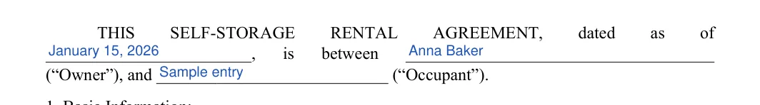 Storage Rental Agreement: AGREEMENT,, filled with sample entries